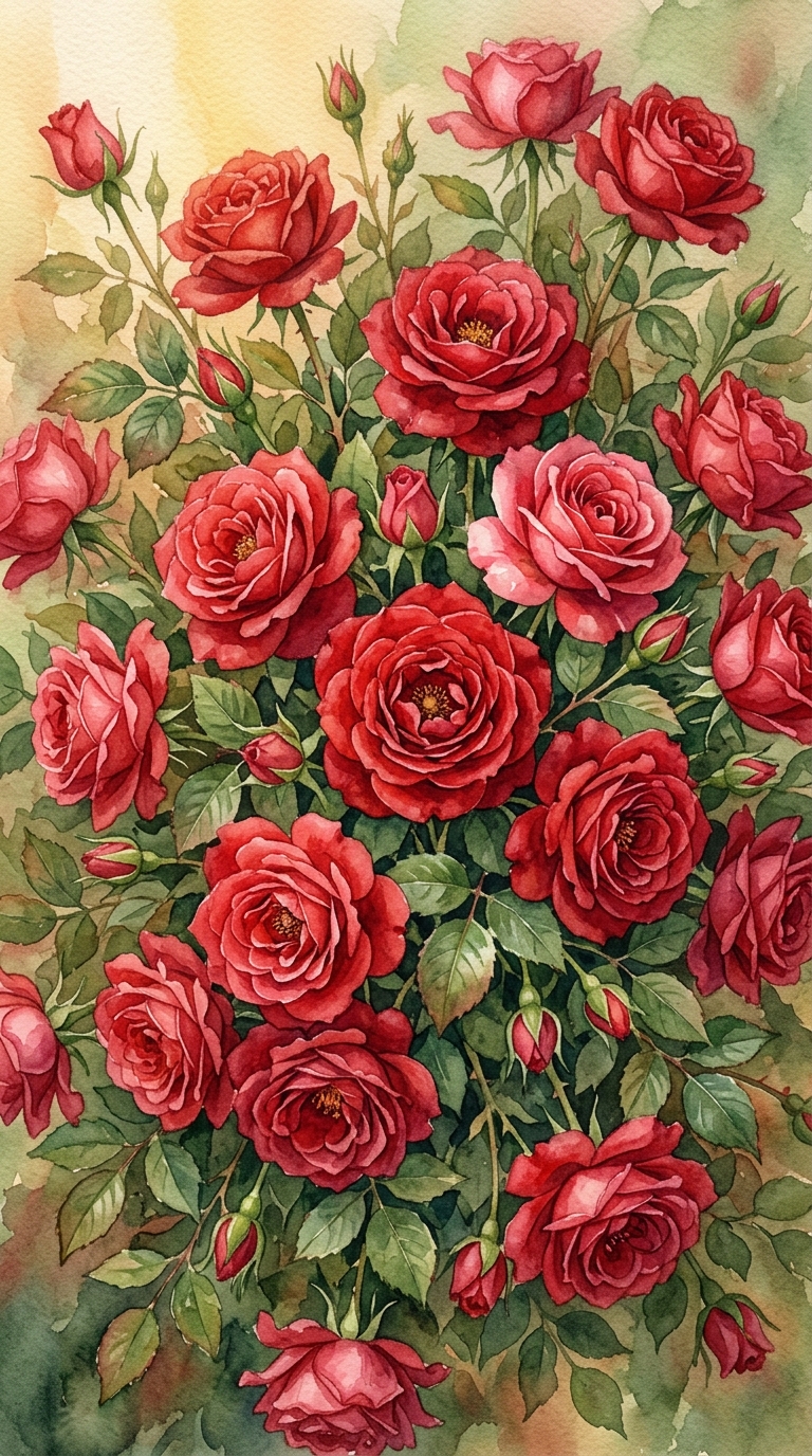 Watercolor illustration of red roses, high-angle view from above, warm golden light, calm mood, 9:16 aspect ratio