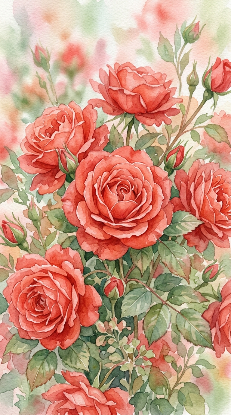 빨간 장미, 수채화 일러스트, 가까이 담은 디테일, 얕은 심도, 부드러운 파스텔 색감, 밝고 포근한 분위기, 9:16 비율