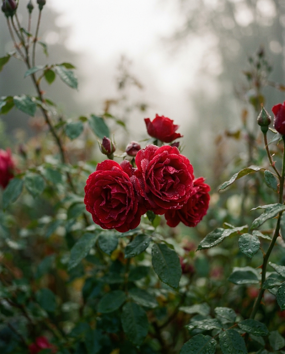 Cinematic film still of red roses, close-up detail with shallow depth of field, misty morning haze, dreamy, 4:5 aspect ratio