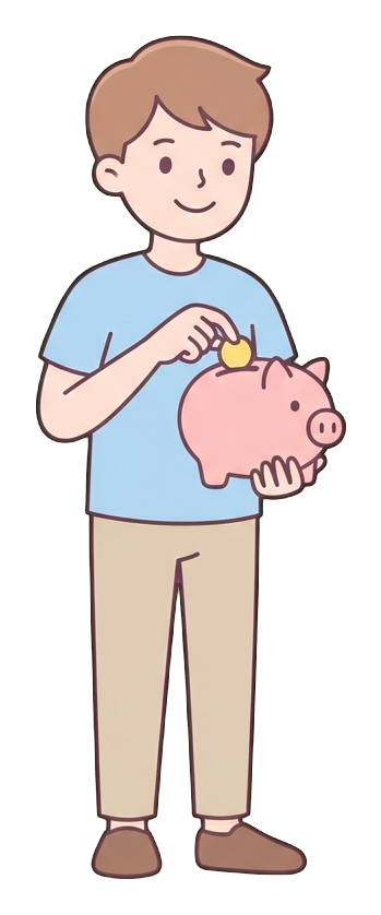 Simple cute flat cartoon illustration with soft pastel colors and thin clean dark outlines of a young man, person putting a coin into a piggy bank, transparent background PNG