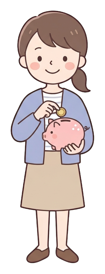 Simple cute flat cartoon illustration with soft pastel colors and thin clean dark outlines of a young woman, person putting a coin into a piggy bank, transparent background PNG