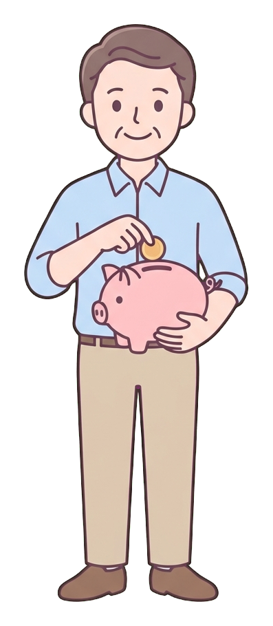 Simple cute flat cartoon illustration with soft pastel colors and thin clean dark outlines of a middle-aged man, person putting a coin into a piggy bank, transparent background PNG