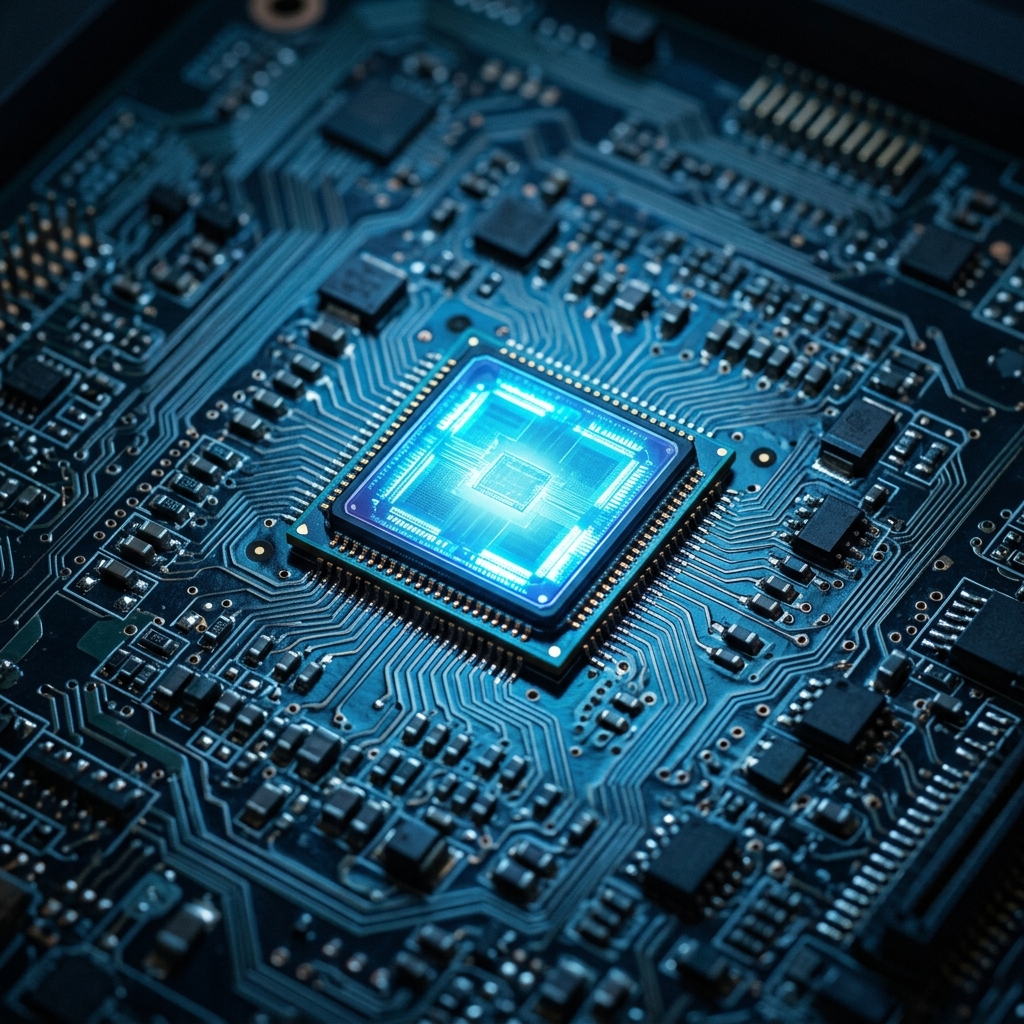 Photorealistic photo of a glowing microchip on a circuit board, high-angle view from above, cool blue tones, quiet atmosphere, 1:1 aspect ratio