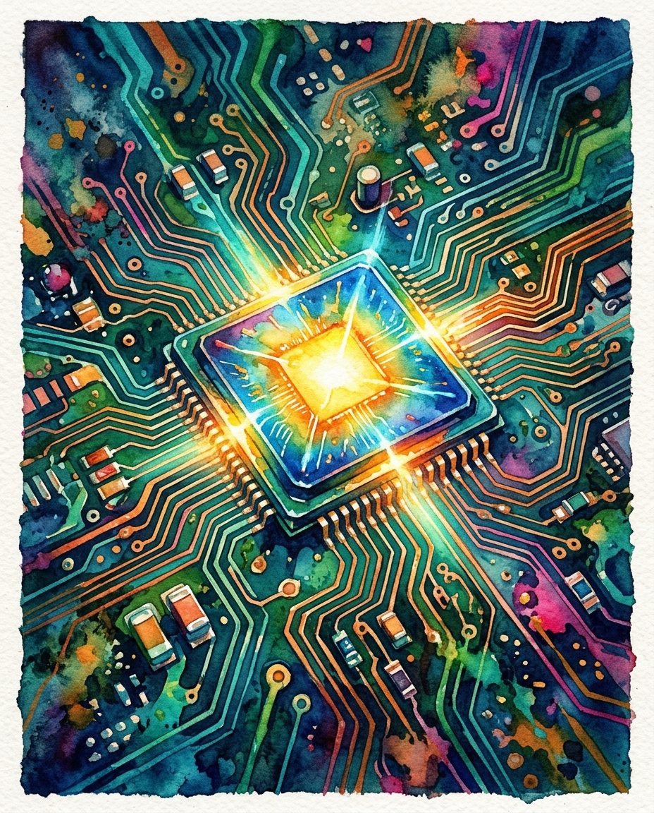 Watercolor illustration of a glowing microchip on a circuit board, centered subject with a simple uncluttered composition, vivid colors, high contrast, energetic, 4:5 aspect ratio