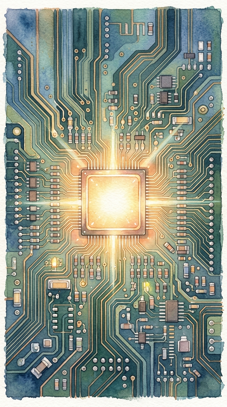 Watercolor illustration of a glowing microchip on a circuit board, high-angle view from above, soft pastel colors, bright and cozy, 9:16 aspect ratio