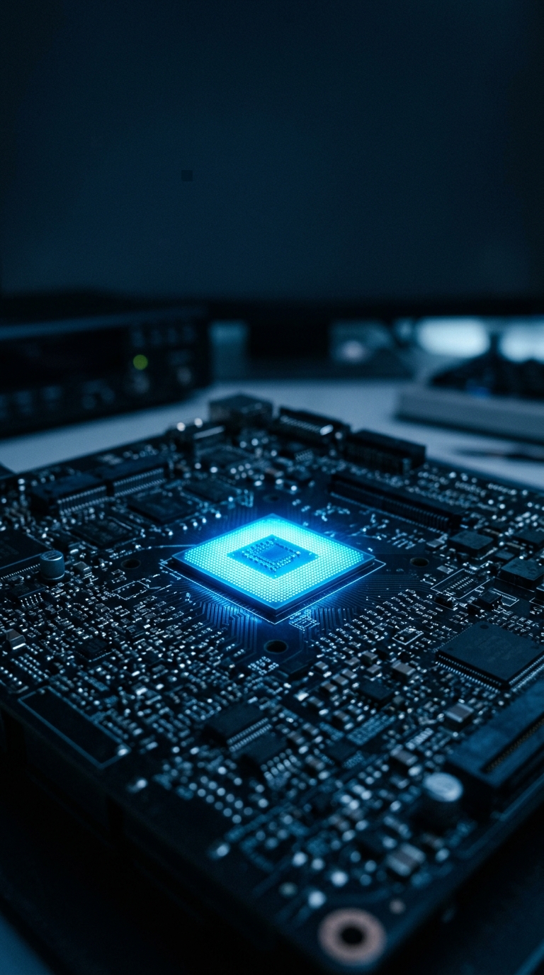 Cinematic film still of a glowing microchip on a circuit board, wide shot with open space at the top for text, cool blue tones, quiet atmosphere, 9:16 aspect ratio