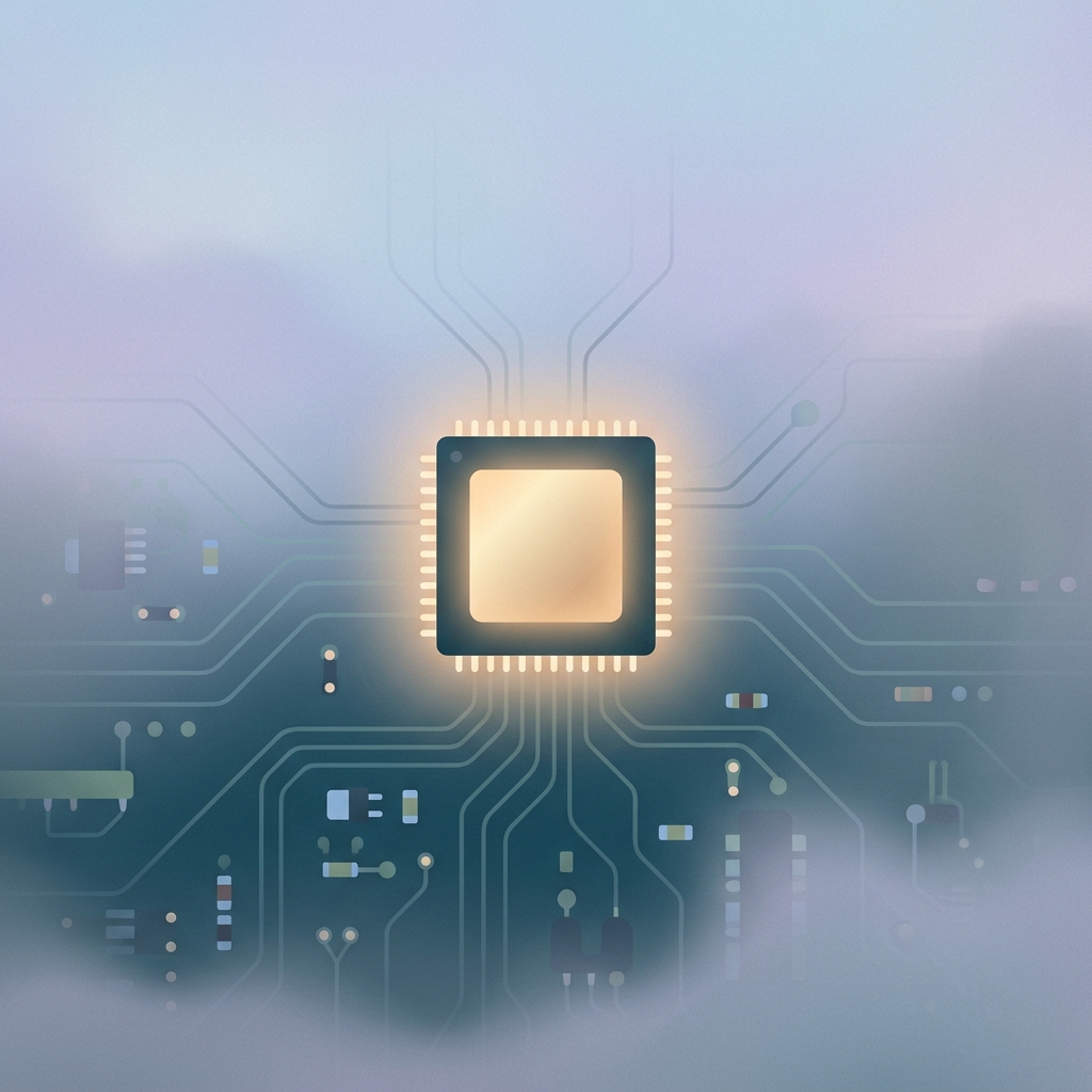 Minimal flat illustration of a glowing microchip on a circuit board, centered subject with a simple uncluttered composition, misty morning haze, dreamy, 1:1 aspect ratio