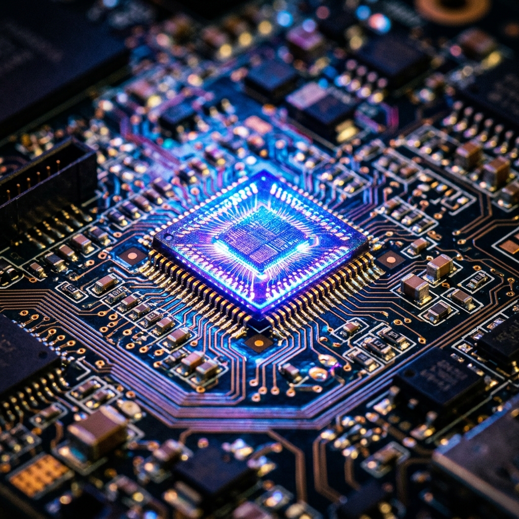 Photorealistic photo of a glowing microchip on a circuit board, close-up detail with shallow depth of field, vivid colors, high contrast, energetic, 1:1 aspect ratio