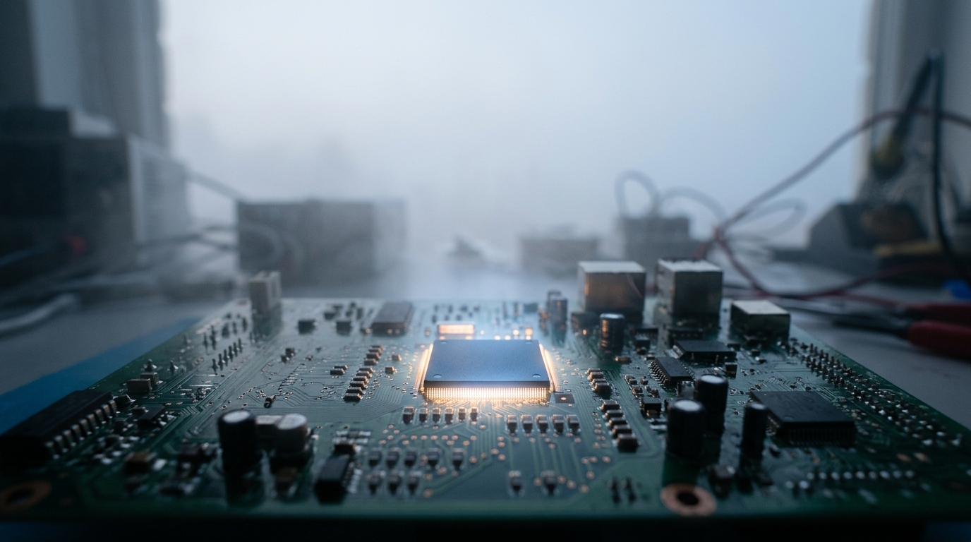 Photorealistic photo of a glowing microchip on a circuit board, wide shot with open space at the top for text, misty morning haze, dreamy, 16:9 aspect ratio