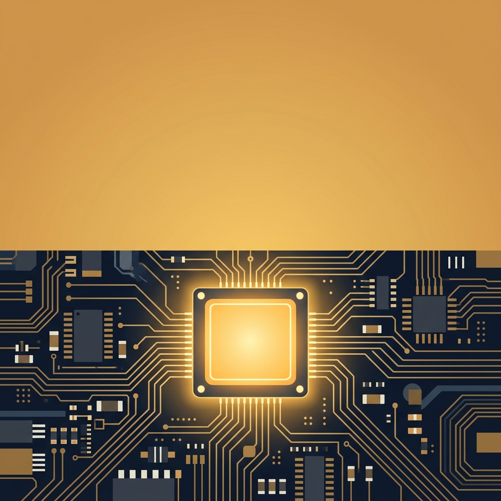 Minimal flat illustration of a glowing microchip on a circuit board, wide shot with open space at the top for text, warm golden light, calm mood, 1:1 aspect ratio