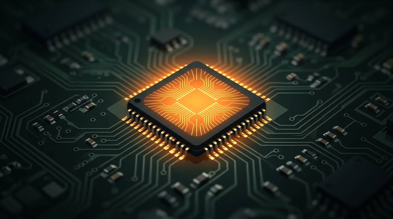 Minimal flat illustration of a glowing microchip on a circuit board, close-up detail with shallow depth of field, moody dark tones, dramatic lighting, 16:9 aspect ratio