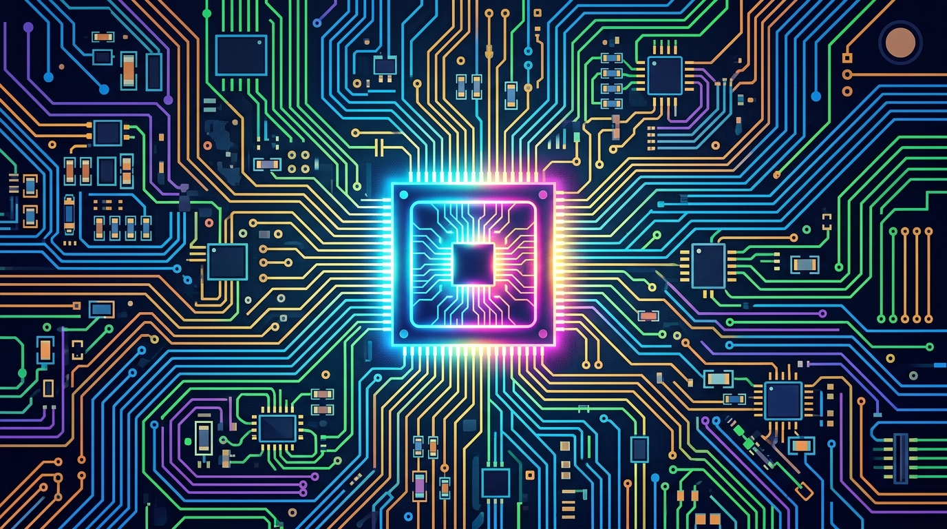 Minimal flat illustration of a glowing microchip on a circuit board, high-angle view from above, vivid colors, high contrast, energetic, 16:9 aspect ratio