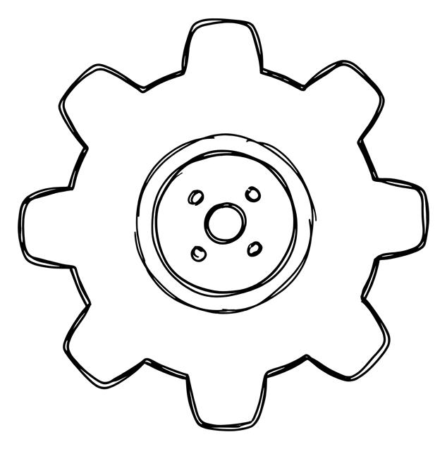 可愛手繪塗鴉圖標，黑筆繪製的齒輪設定圖標，具透明背景 PNG