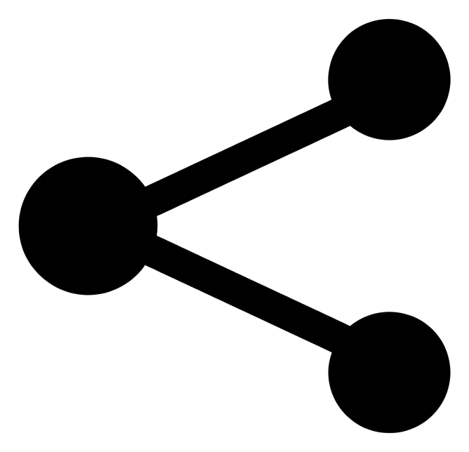 Bold black glyph icon, solid filled silhouette of a share icon with three connected dots, transparent background PNG