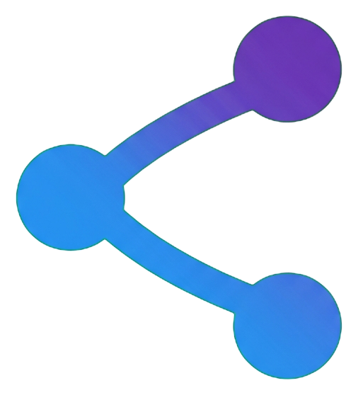 Gradient app-style icon, purple to blue gradient of a share icon with three connected dots, transparent background PNG