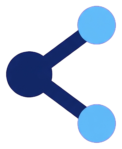 Duotone icon, navy blue and light blue of a share icon with three connected dots, transparent background PNG