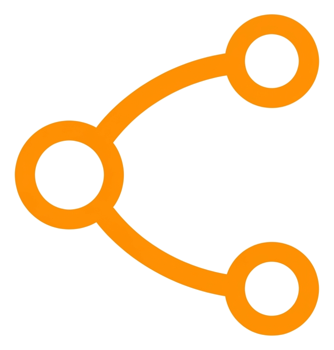 Rounded line icon, thick orange outline of a share icon with three connected dots, transparent background PNG