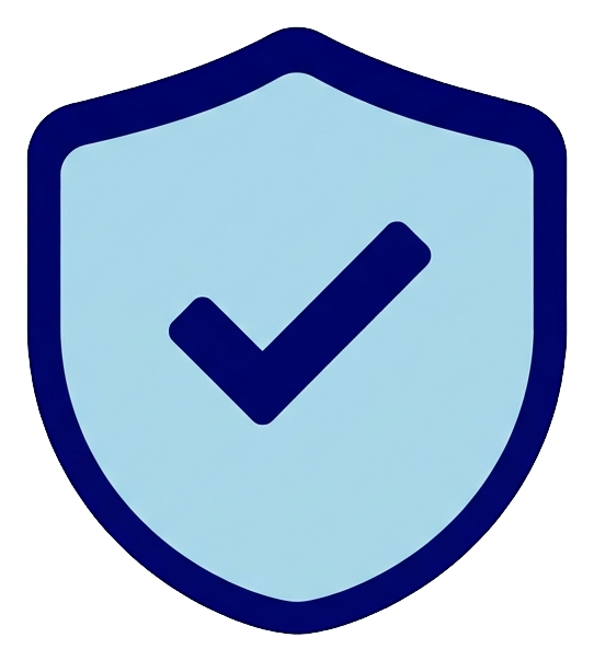 Duotone icon, navy blue and light blue of a security shield icon with a check, transparent background PNG