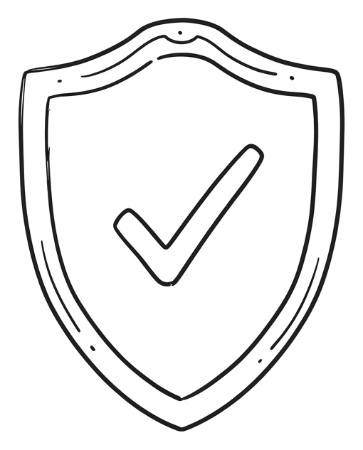 Cute hand-drawn doodle icon, black pen of a security shield icon with a check, transparent background PNG