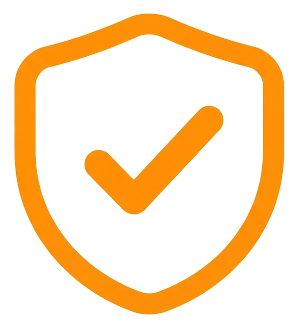 Rounded line icon, thick orange outline of a security shield icon with a check, transparent background PNG