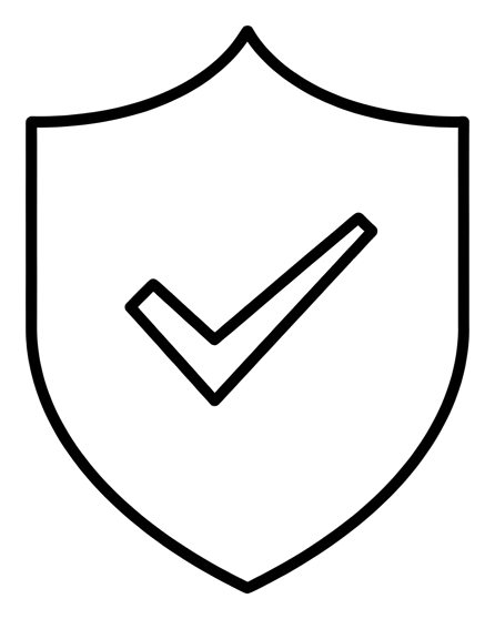 Thin black line icon, minimal outline of a security shield icon with a check, transparent background PNG