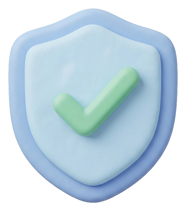 Soft 3D icon, pastel clay render of a security shield icon with a check, transparent background PNG