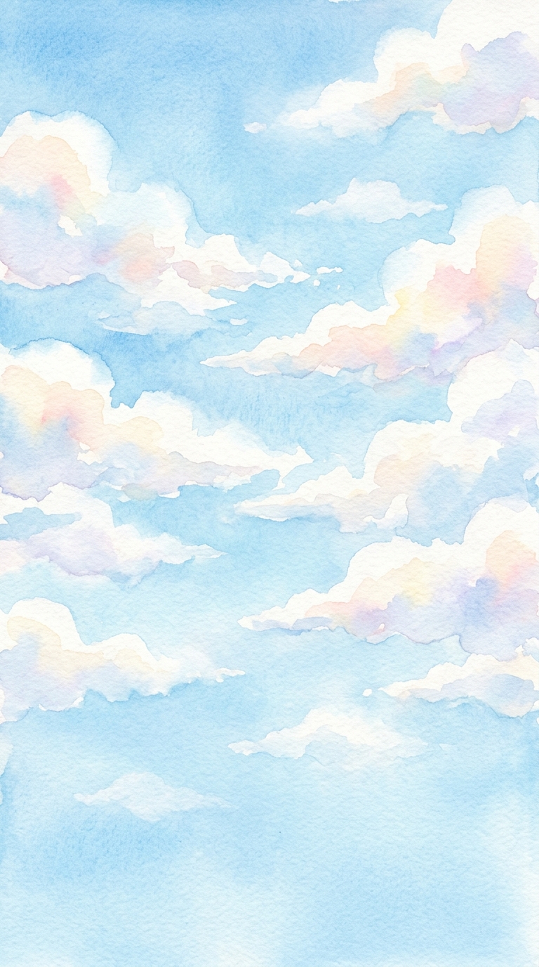 Watercolor illustration of blue sky with soft clouds, high-angle view from above, soft pastel colors, bright and cozy, 9:16 aspect ratio