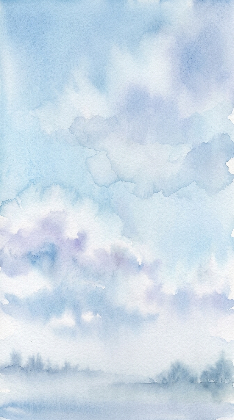 Watercolor illustration of blue sky with soft clouds, close-up detail with shallow depth of field, misty morning haze, dreamy, 9:16 aspect ratio
