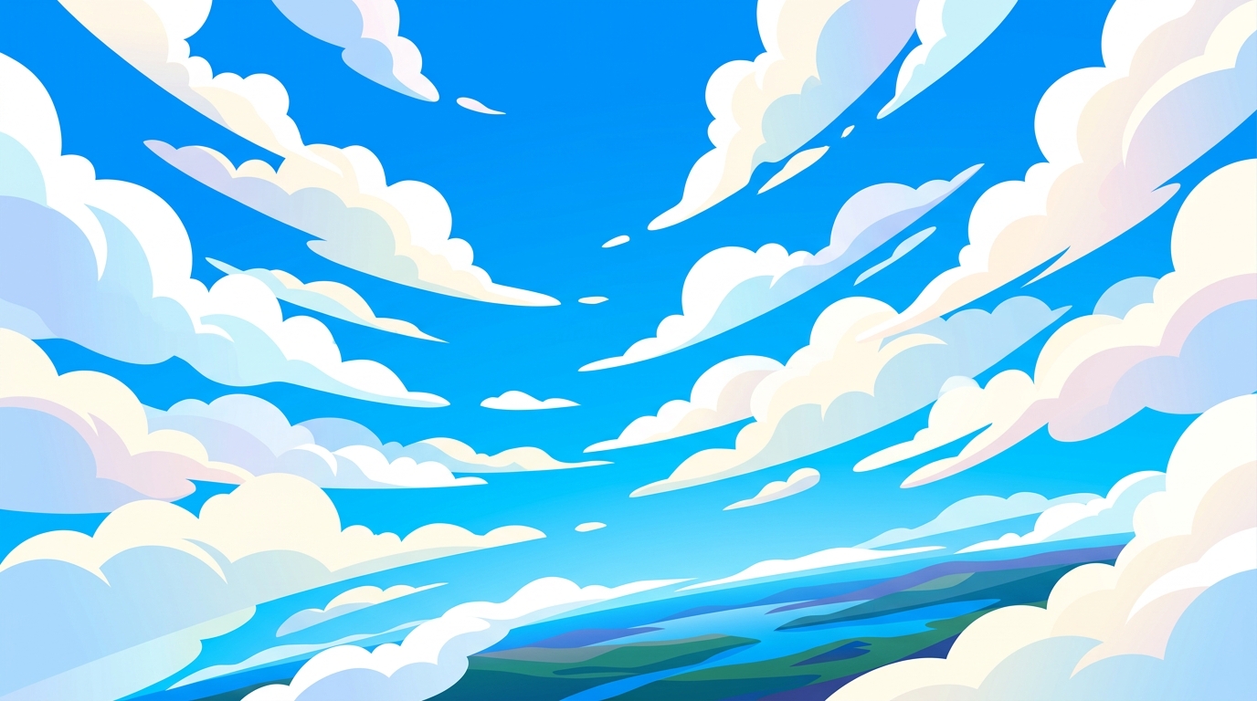 Minimal flat illustration of blue sky with soft clouds, high-angle view from above, vivid colors, high contrast, energetic, 16:9 aspect ratio