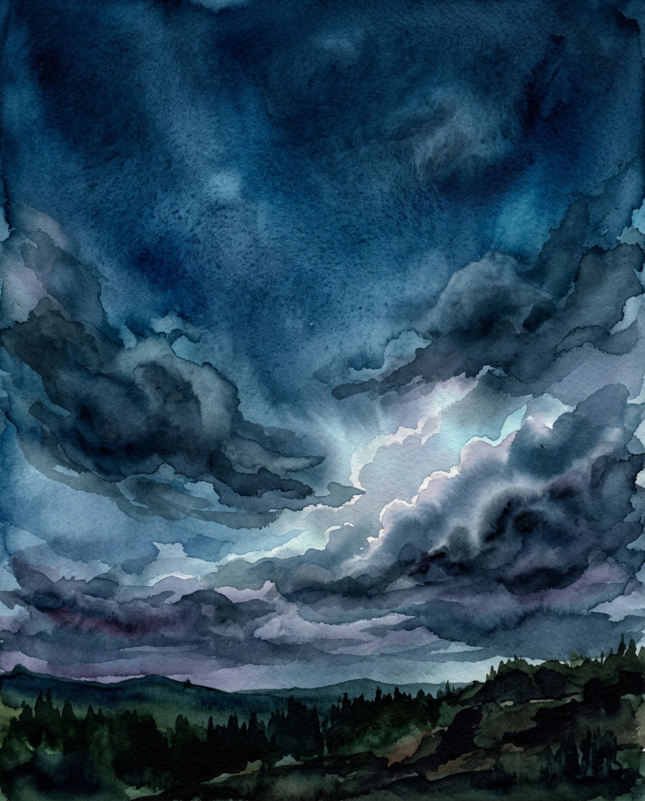 Watercolor illustration of blue sky with soft clouds, wide shot with open space at the top for text, moody dark tones, dramatic lighting, 4:5 aspect ratio