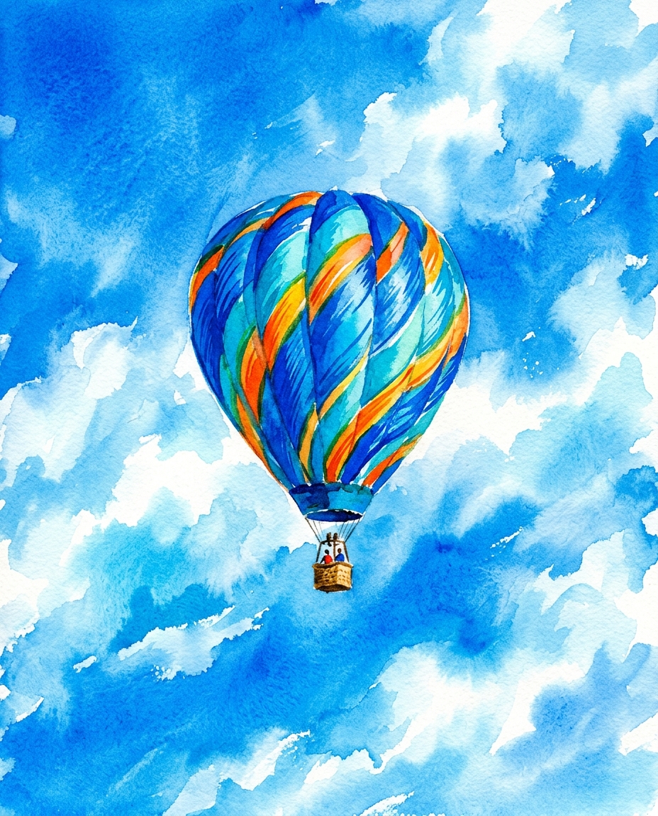Watercolor illustration of blue sky with soft clouds, centered subject with a simple uncluttered composition, vivid colors, high contrast, energetic, 4:5 aspect ratio