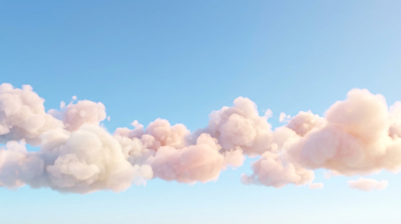 Soft 3d render of blue sky with soft clouds, wide shot with open space at the top for text, soft pastel colors, bright and cozy, 16:9 aspect ratio