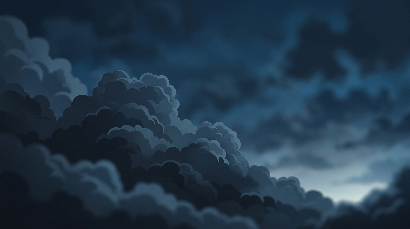 Minimal flat illustration of blue sky with soft clouds, close-up detail with shallow depth of field, moody dark tones, dramatic lighting, 16:9 aspect ratio