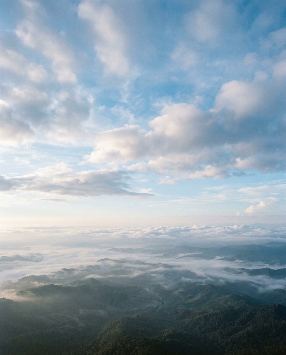Cinematic film still of blue sky with soft clouds, high-angle view from above, misty morning haze, dreamy, 4:5 aspect ratio