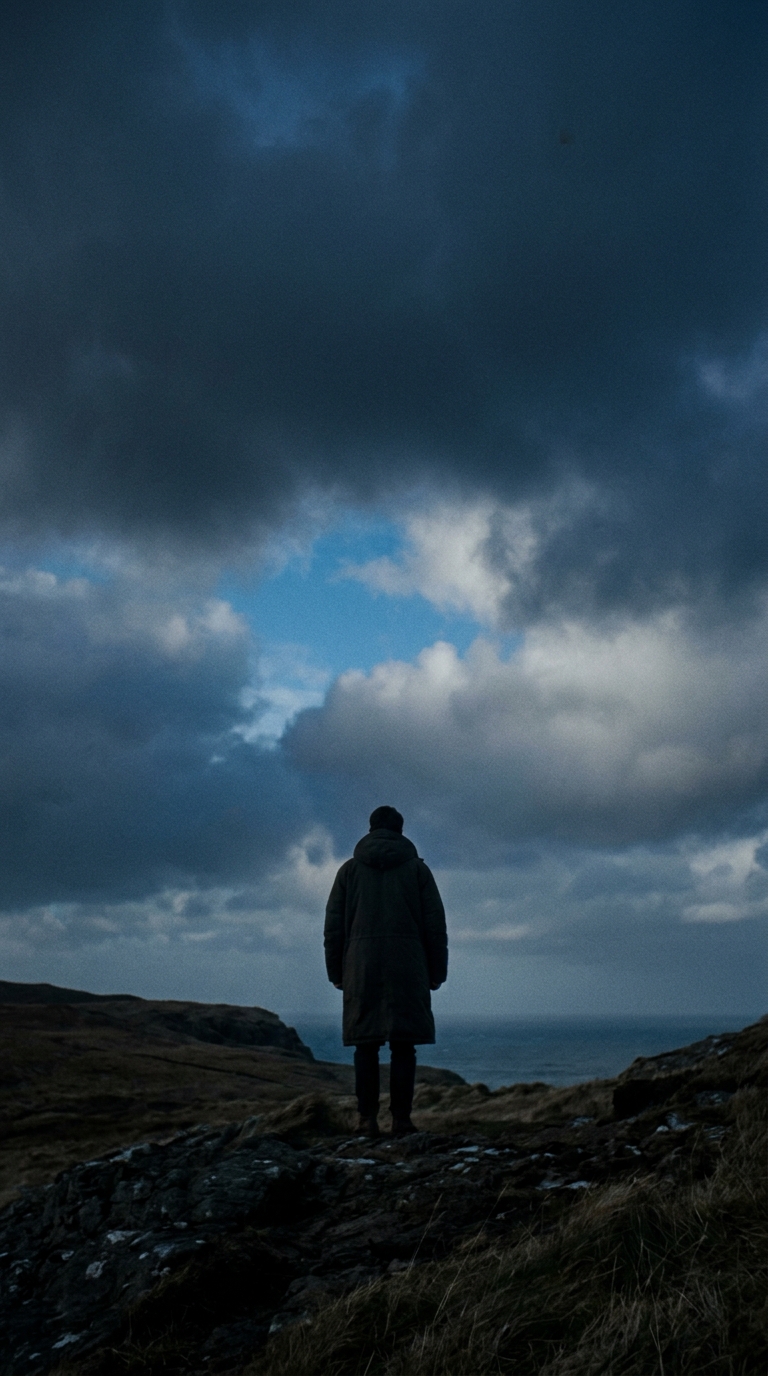 Cinematic film still of blue sky with soft clouds, centered subject with a simple uncluttered composition, moody dark tones, dramatic lighting, 9:16 aspect ratio