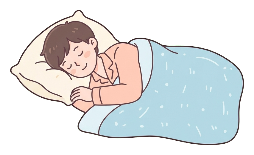 Ilustración de dibujos animados plana, simple y linda, con colores pastel suaves y contornos oscuros, limpios y finos, de un hombre joven durmiendo plácidamente bajo una manta con una almohada, fondo transparente PNG