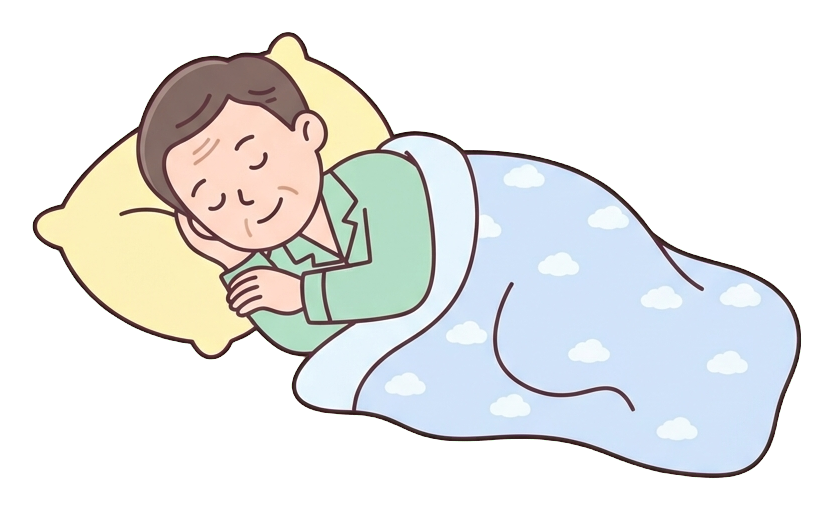 Ilustración de dibujos animados plana, simple y linda, con colores pastel suaves y contornos oscuros, limpios y finos, de un hombre de mediana edad durmiendo plácidamente bajo una manta con una almohada, fondo transparente PNG