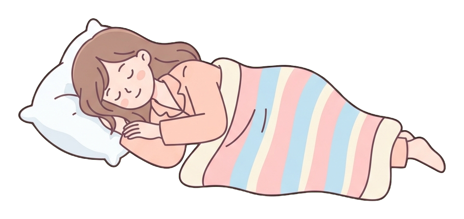 Ilustración de dibujos animados plana, simple y linda, con colores pastel suaves y contornos oscuros, limpios y finos, de una mujer joven durmiendo plácidamente bajo una manta con una almohada, fondo transparente PNG