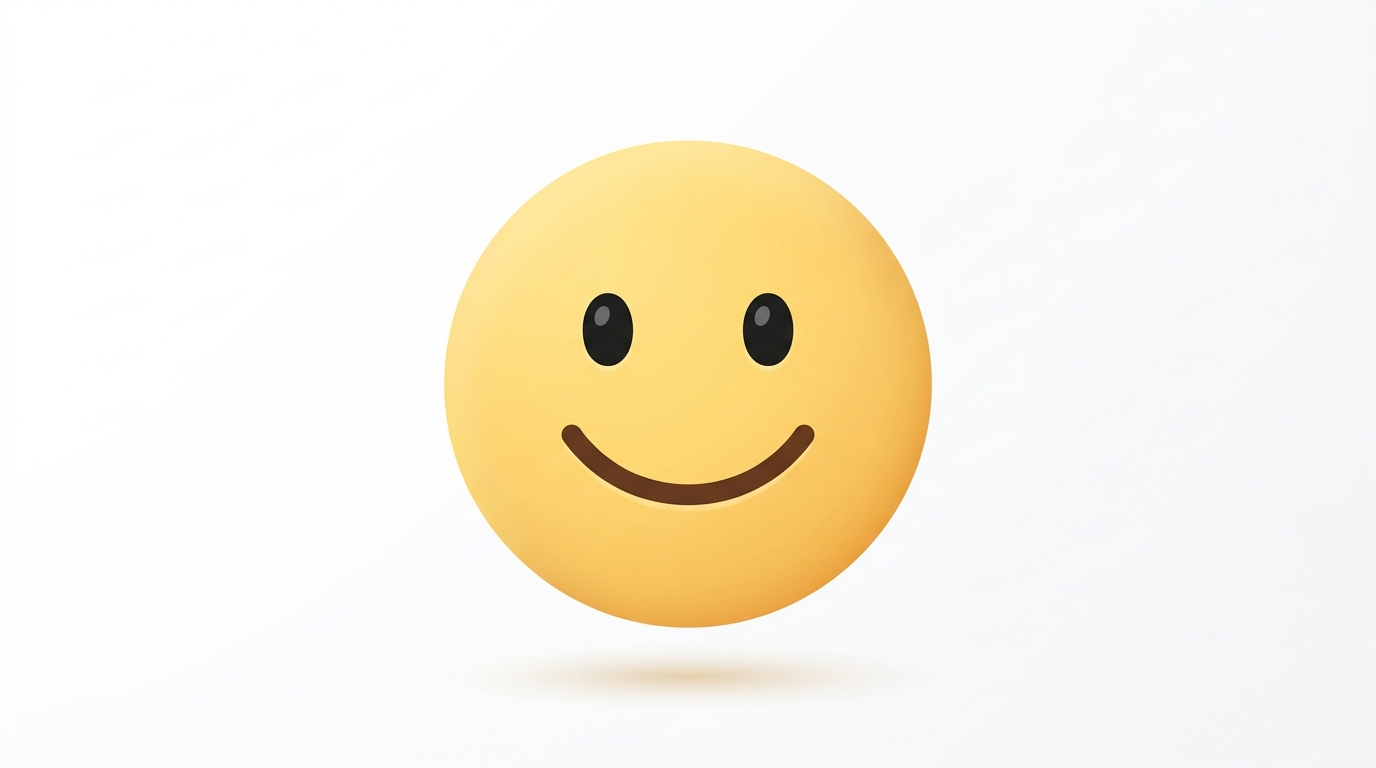 Minimal flat illustration of a large 3D yellow smiling emoji face floating against a clean white background, centered subject with a simple uncluttered composition, soft pastel colors, bright and cozy, 16:9 aspect ratio