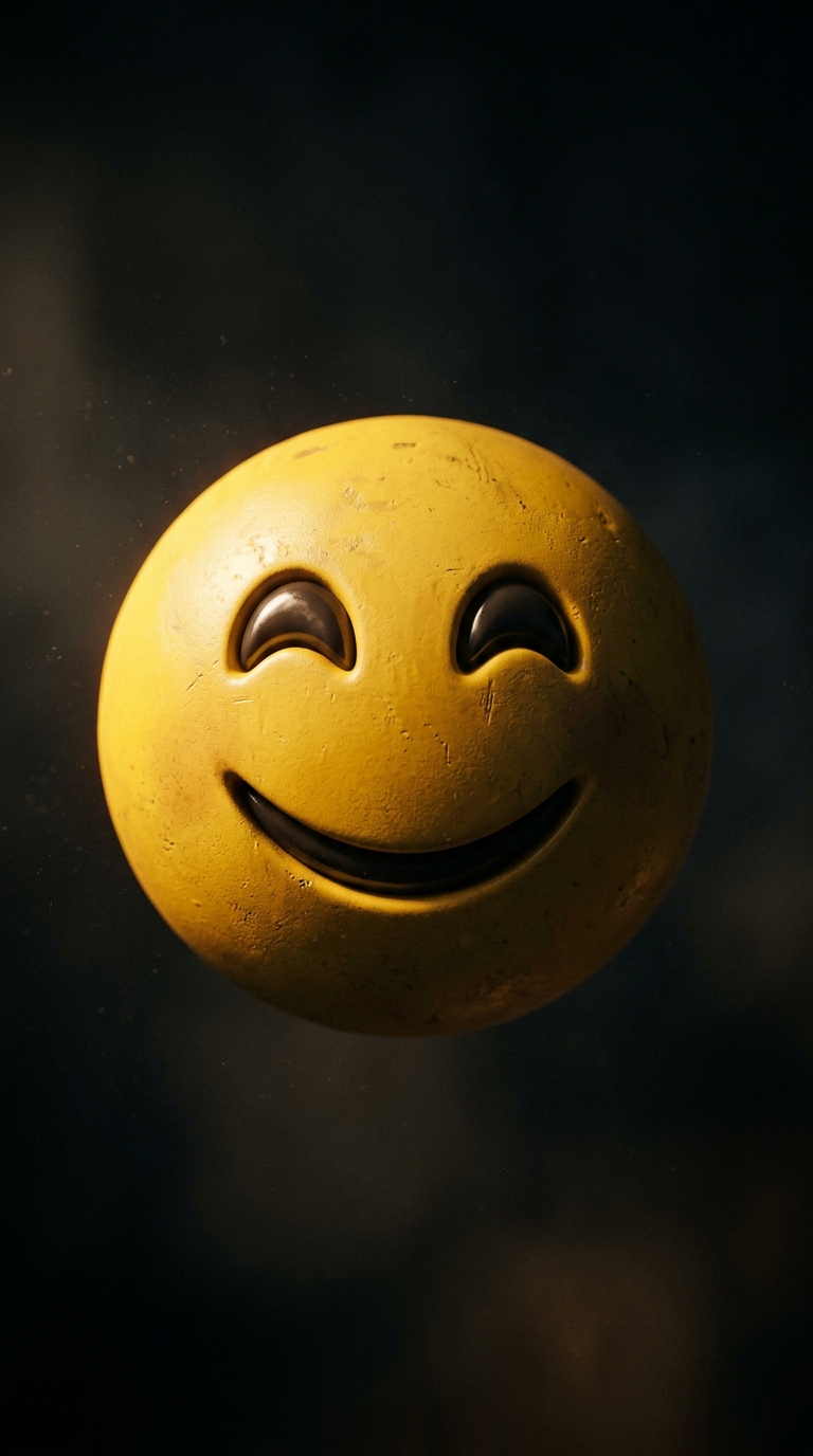 Photorealistic photo of a large 3D yellow smiling emoji face floating against a clean white background, close-up detail with shallow depth of field, moody dark tones, dramatic lighting, 9:16 aspect ratio