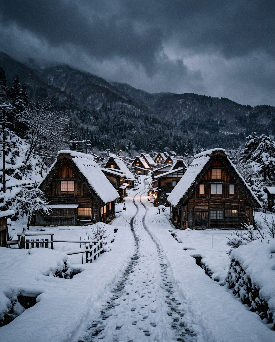Photorealistic photo of a peaceful traditional village covered in thick white snow during winter, centered subject with a simple uncluttered composition, moody dark tones, dramatic lighting, 4:5 aspect ratio