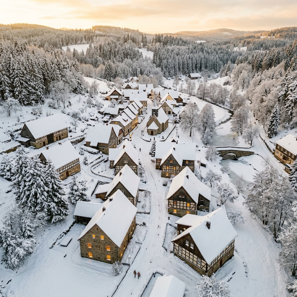 Photorealistic photo of a peaceful traditional village covered in thick white snow during winter, high-angle view from above, warm golden light, calm mood, 1:1 aspect ratio