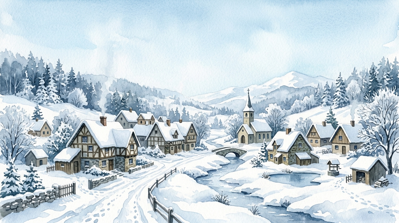 Watercolor illustration of a peaceful traditional village covered in thick white snow during winter, wide shot with open space at the top for text, cool blue tones, quiet atmosphere, 16:9 aspect ratio