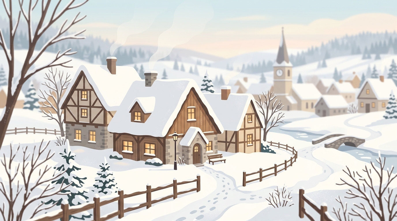 Minimal flat illustration of a peaceful traditional village covered in thick white snow during winter, close-up detail with shallow depth of field, soft pastel colors, bright and cozy, 16:9 aspect ratio