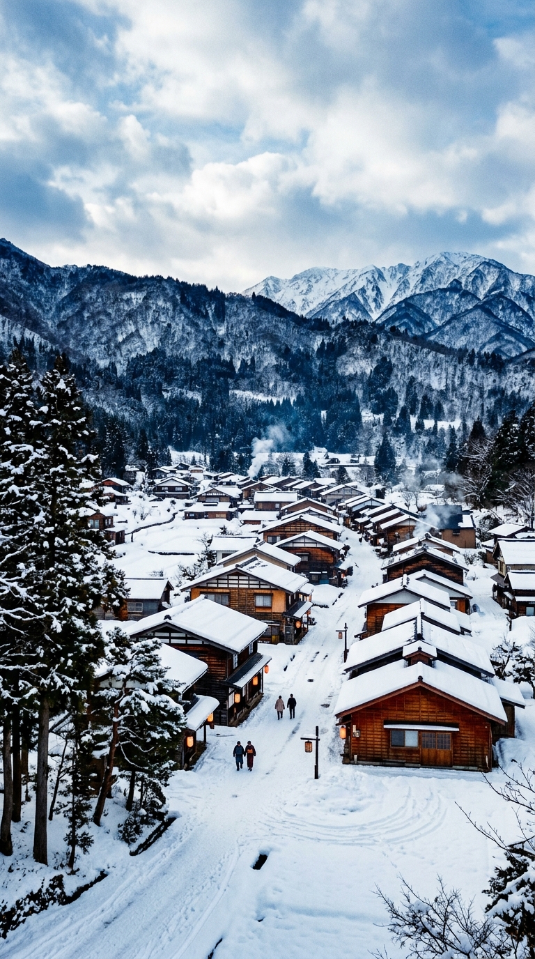 Cinematic film still of a peaceful traditional village covered in thick white snow during winter, wide shot with open space at the top for text, vivid colors, high contrast, energetic, 9:16 aspect ratio