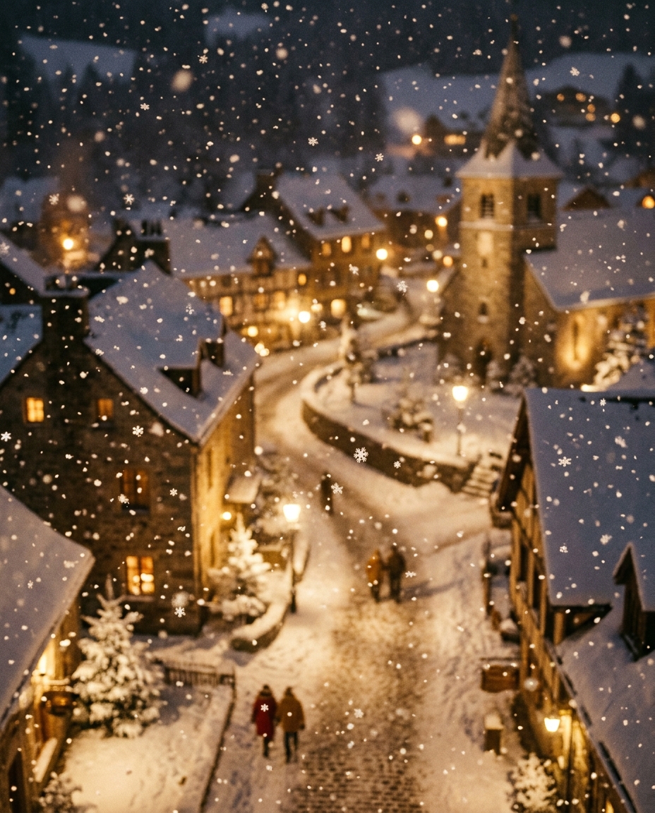 Still de filme cinematográfico de flocos de neve caindo, visão de ângulo alto de cima, luz dourada quente, clima calmo, proporção 4:5
