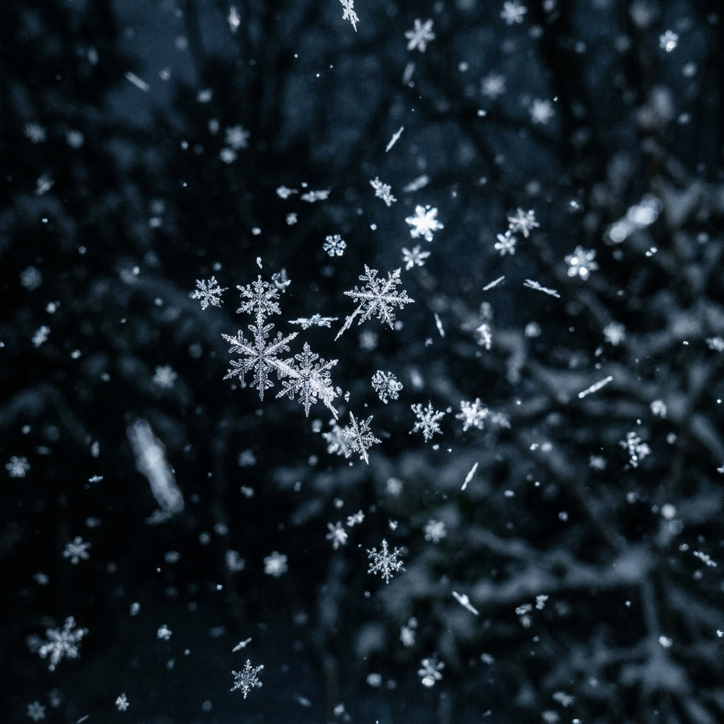 Foto fotorrealista de flocos de neve caindo, detalhe em close-up com profundidade de campo rasa, tons escuros melancólicos, iluminação dramática, proporção 1:1
