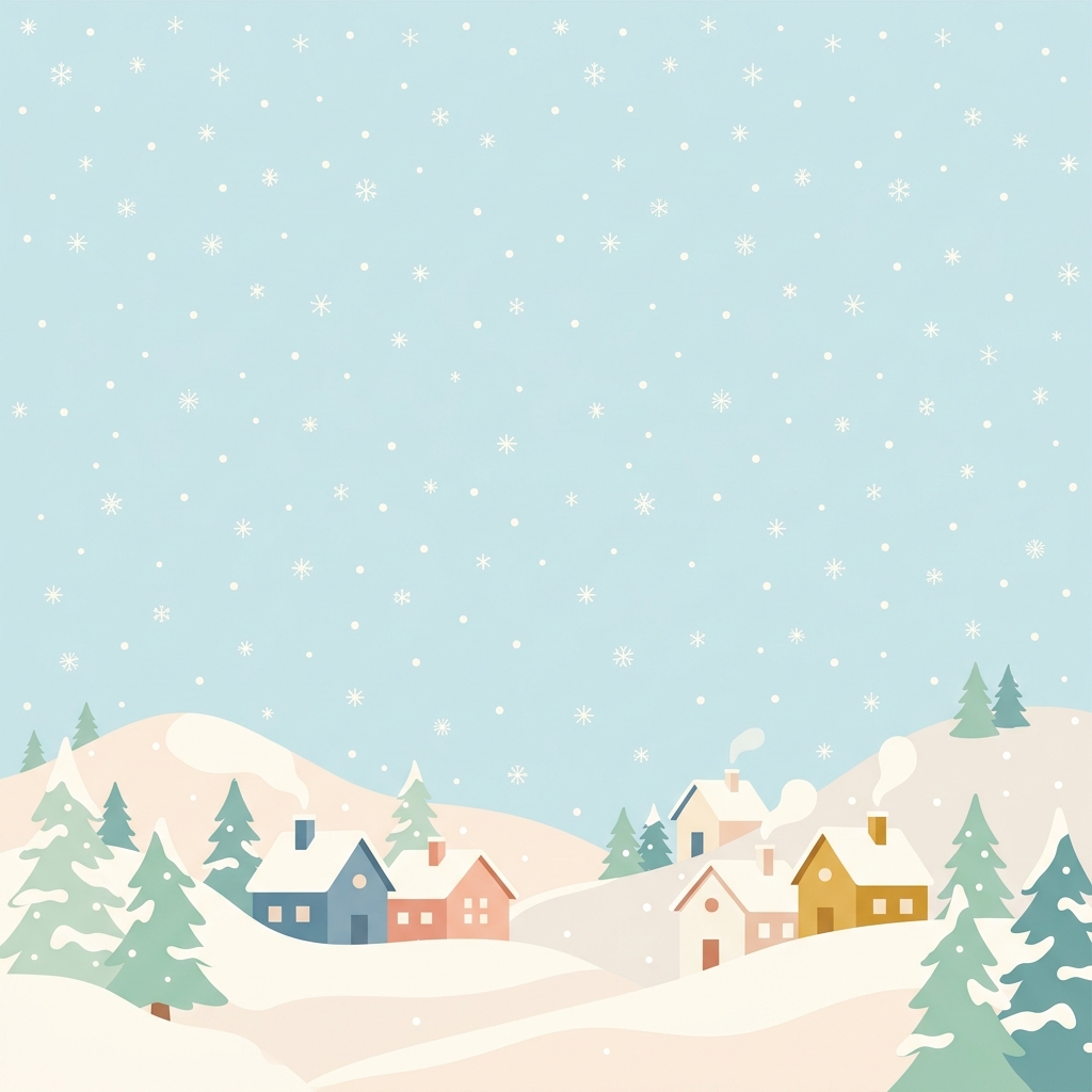 Ilustração plana minimalista de flocos de neve caindo, tomada ampla com espaço livre na parte superior para texto, cores pastel suaves, brilhante e aconchegante, proporção 1:1