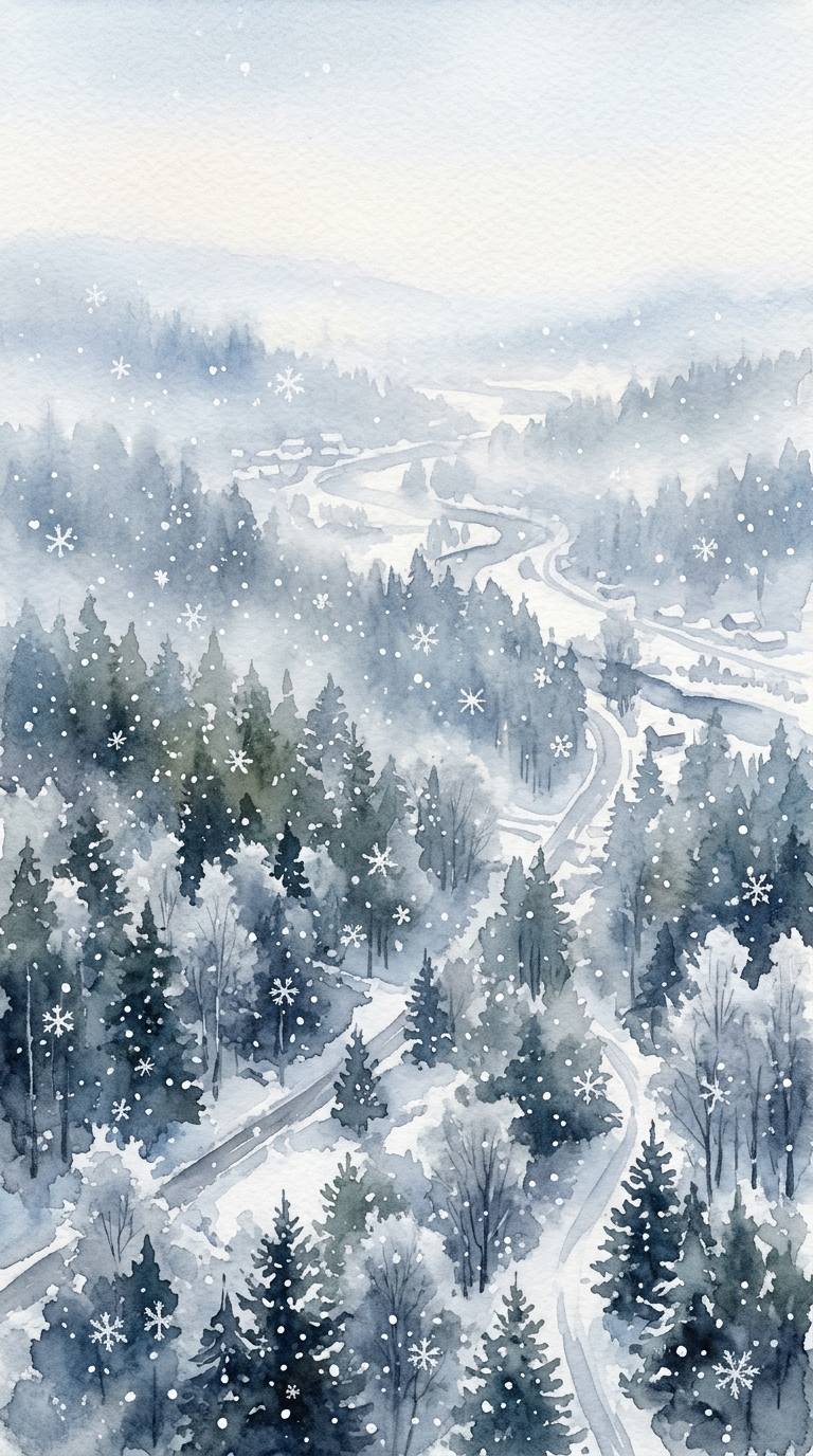 飄落雪花的水彩插畫，俯視視角，清晨薄霧，夢幻氛圍，9:16比例