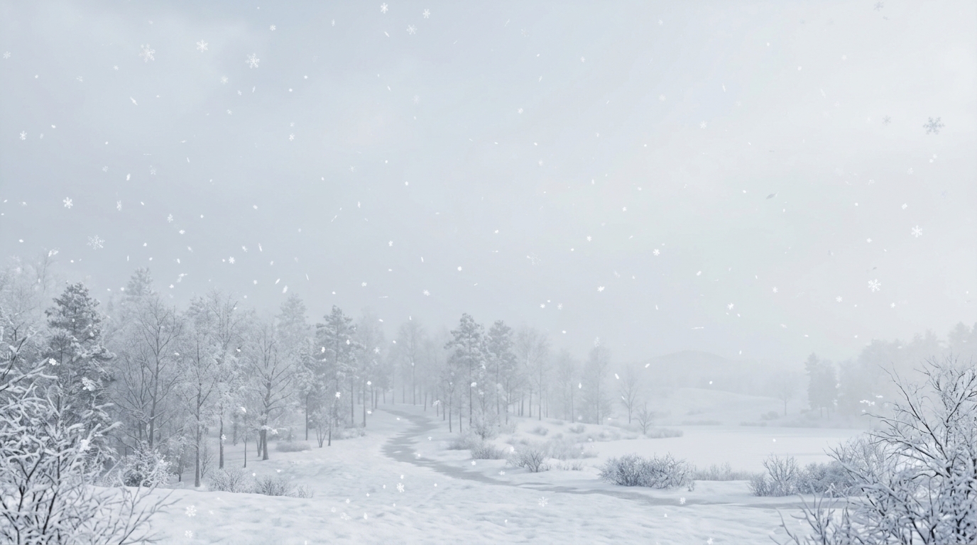 Renderizado 3D suave de copos de nieve cayendo, plano general con espacio abierto en la parte superior para texto, neblina matutina, ambiente de sueño, relación de aspecto 16:9